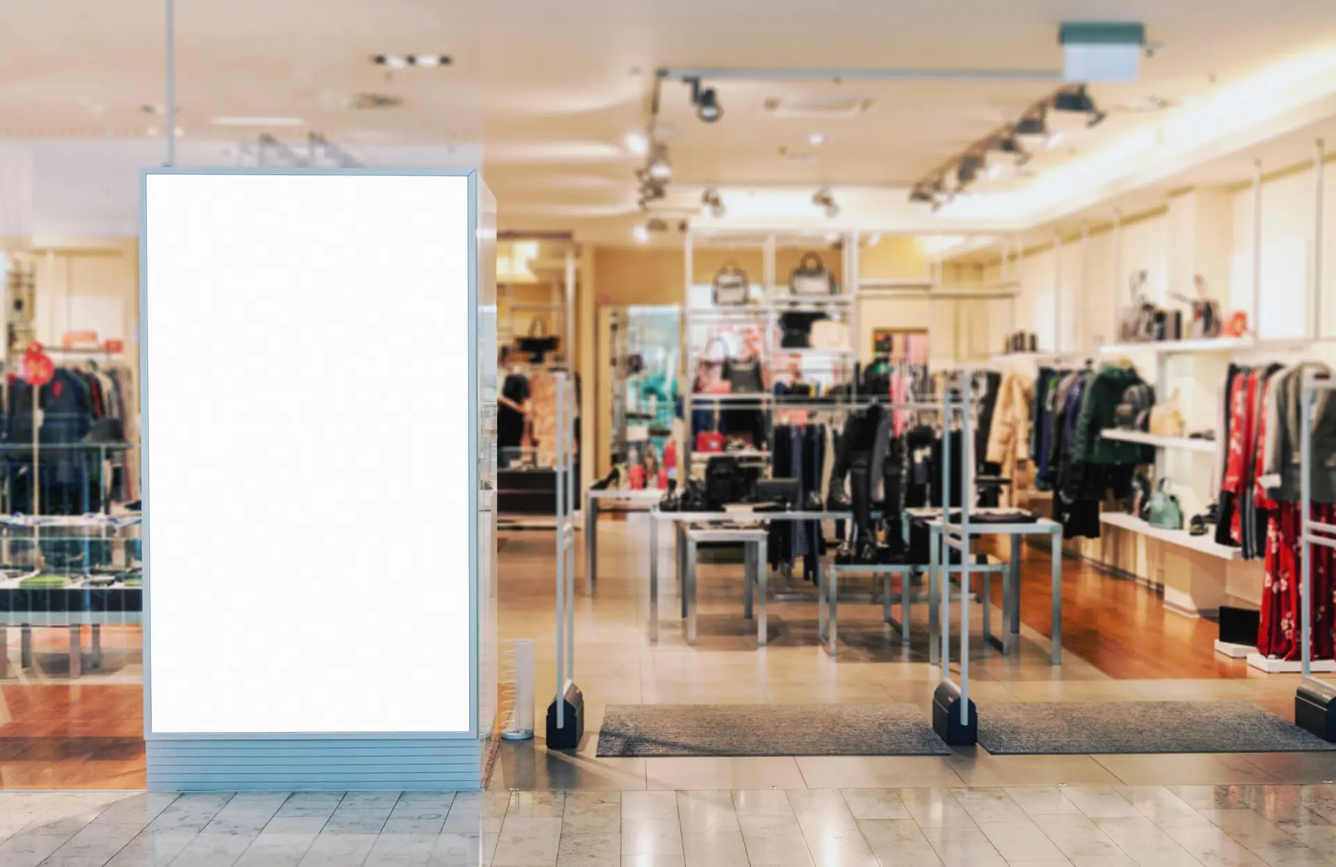 Clothes shop entrance in shopping mall with empty billboard mockup to place text or logo Clothes shop entrance in shopping mall with empty billboard mockup to place text or logo